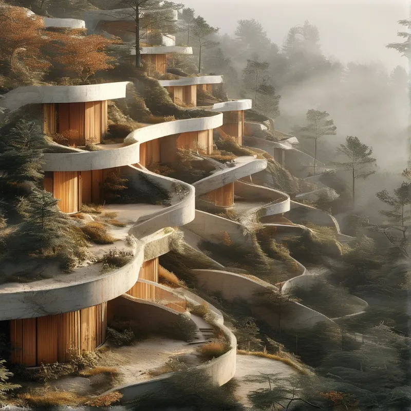 Tiered concrete structures with warm wooden walls curve along a foggy forest hillside, golden light filtering through trees.