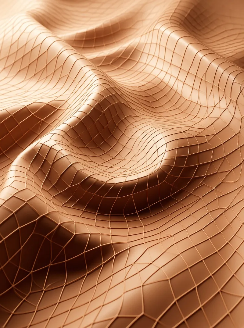A close-up view of a warm-toned grid mesh undulating across a smooth surface with soft shadows.