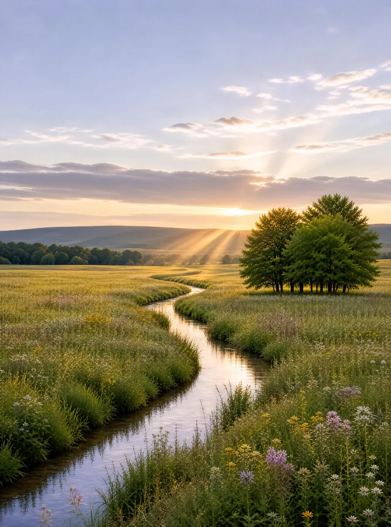 Sunrise Over a Winding Meadow Stream