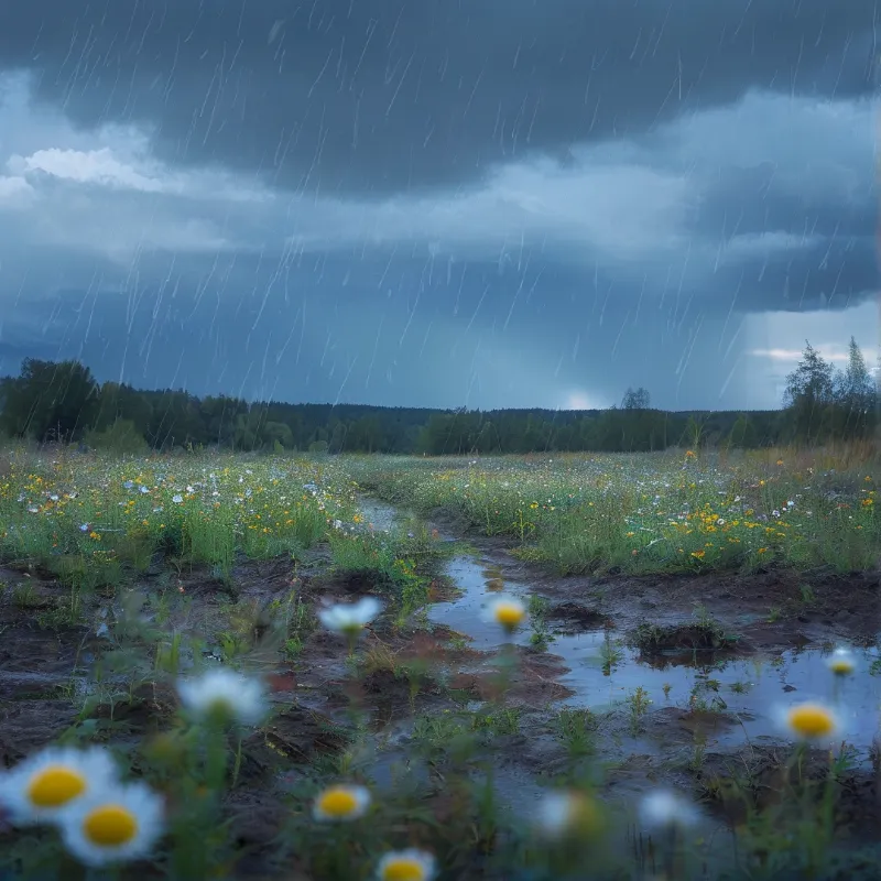 Rain streaks fall over a field of white and yellow wildflowers while dark storm clouds gather above a distant treeline.