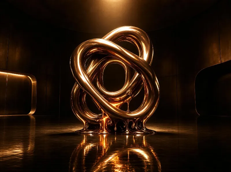 A large, twisted metal sculpture with a golden sheen stands in a dark, modern room illuminated by warm overhead lighting