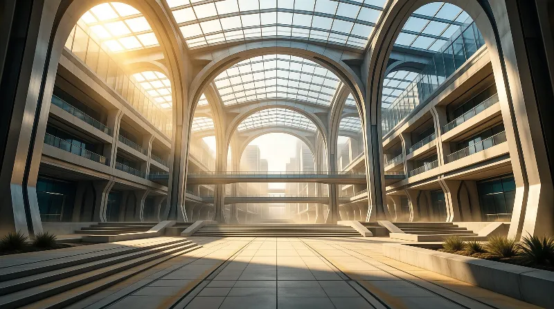 A symmetrical hall features curved concrete supports and a transparent roof flooding the space with bright natural daylight.
