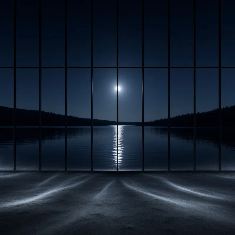 A dark room looks out through a large glass grid at a full moon shining over a quiet lake at night.