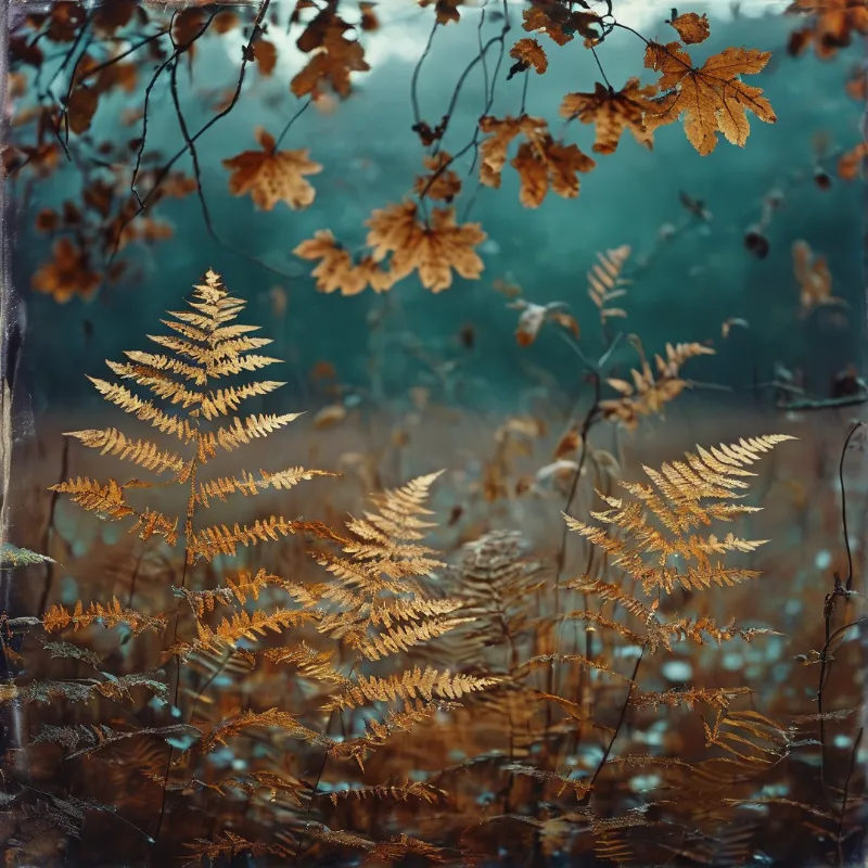 Dried brown ferns and maple leaves stand out against a blurred teal background in a soft, misty forest scene.