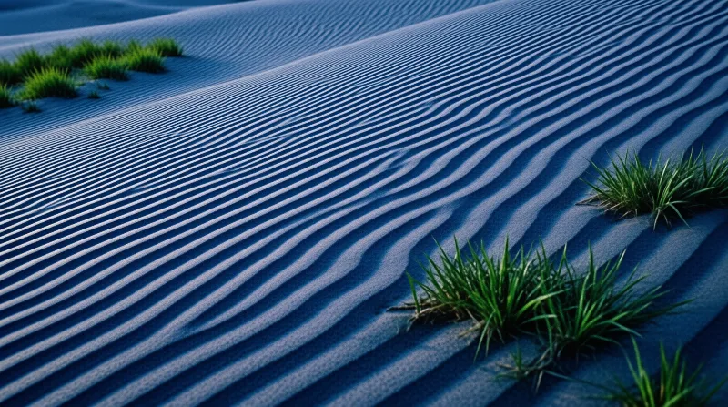 Blue sand dunes show intricate ripple patterns with scattered clumps of green grass growing in the shadowed areas.