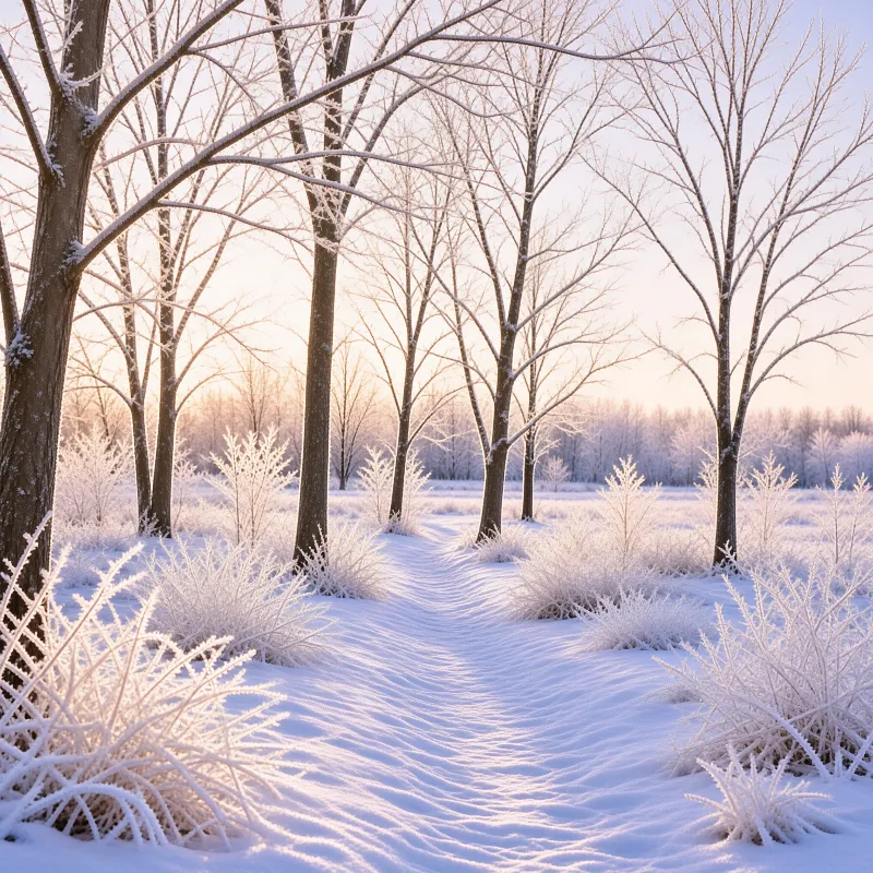A quiet snow trail winds between bare trees coated in frost as pink dawn light washes the winter fields.