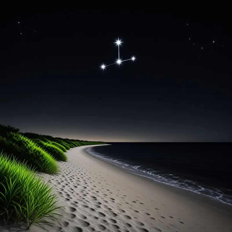 Bright green coastal plants line a dark beach beneath glowing night constellations