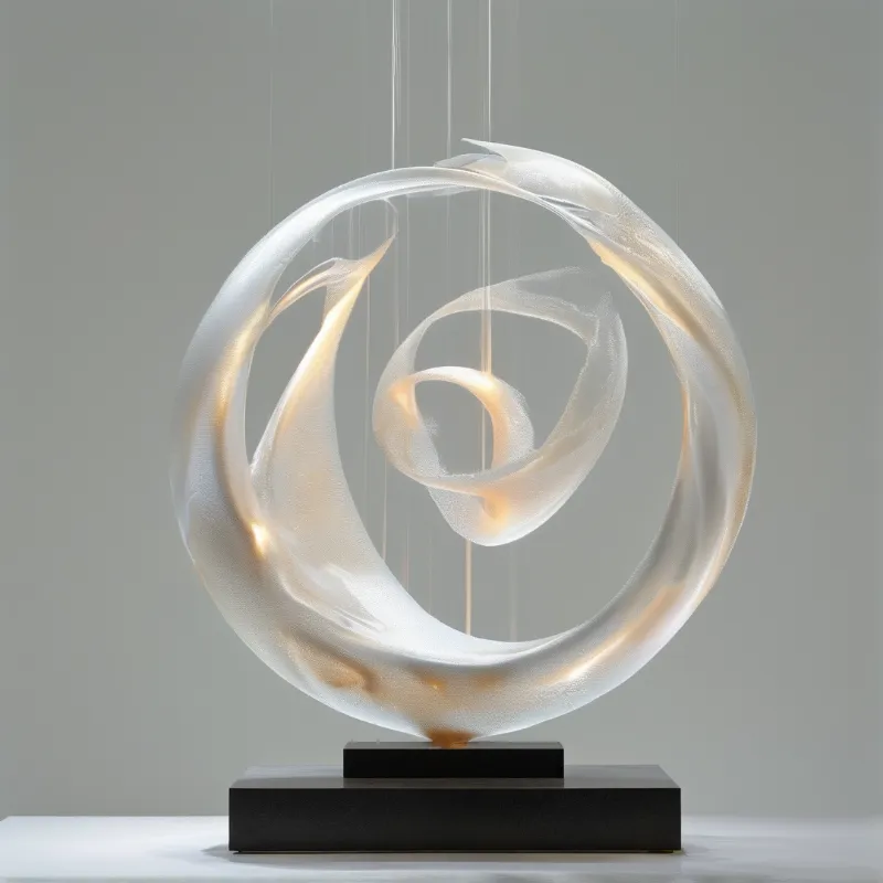 A frosted white twisted form hangs above a black pedestal emitting soft golden light within a minimalist grey room.