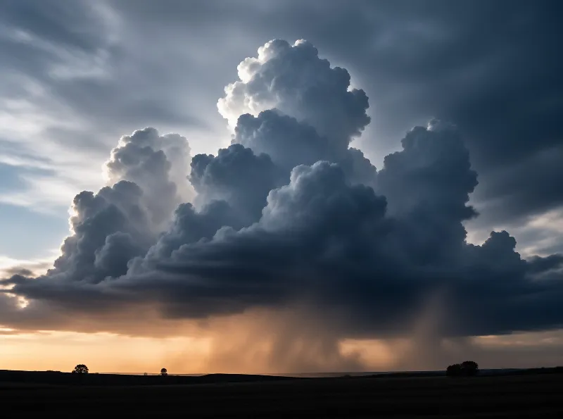 A towering thunderhead builds over an open plain at dusk, with rain drifting down toward the glowing horizon.