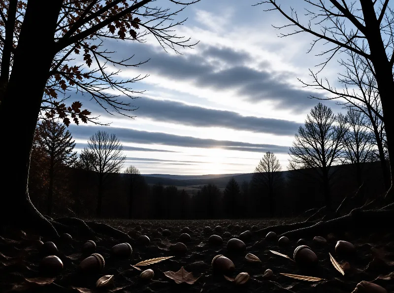 Scattered acorns lie on the dark forest floor as sunlight filters through heavy clouds over a distant valley.