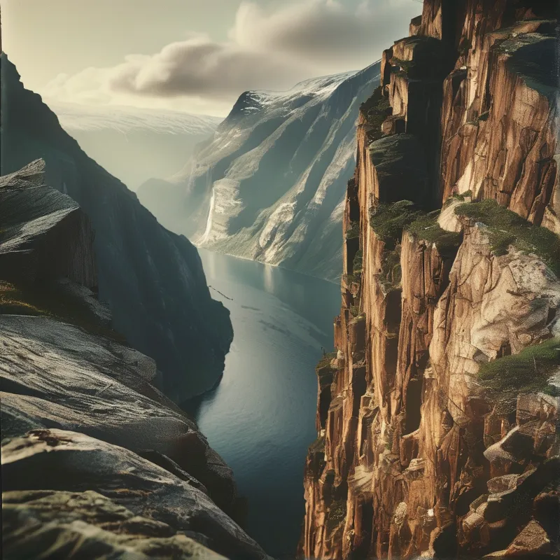 A vast blue river winds through a narrow valley flanked by towering brown rock faces and distant snowy mountains.