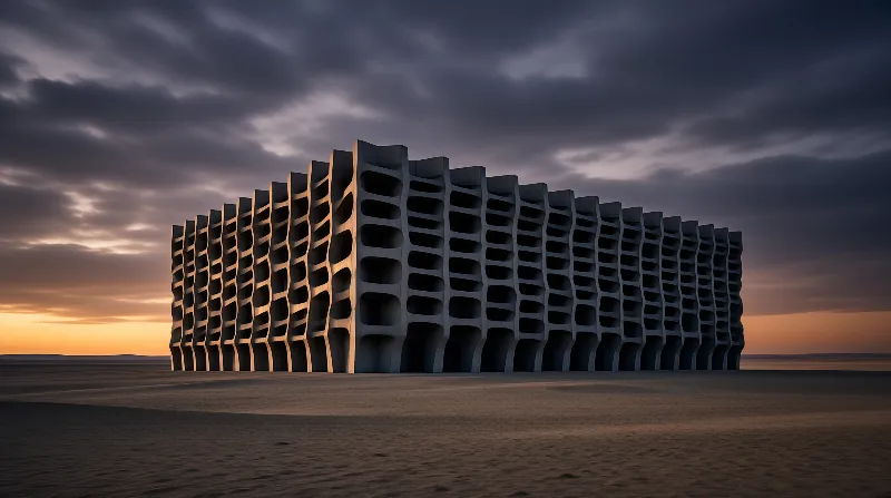 A wavy concrete structure stands alone on a sandy plain beneath a cloudy sky glowing with orange sunset light.