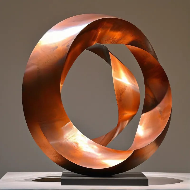 Abstract metal loops form a sculpture on a white pedestal within a minimalist gallery space with warm lighting.