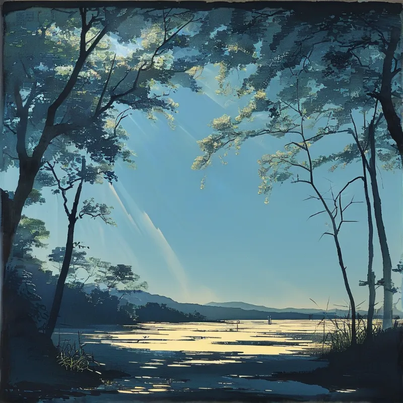 Strong sunlight beams cut through a dense forest canopy illuminating a wide expanse of blue water near distant hills.
