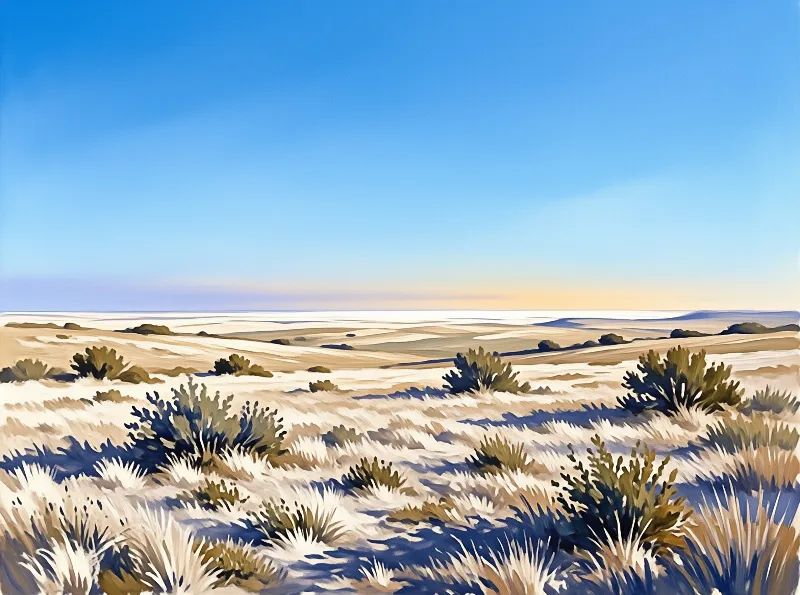 Pale dry grasses cast cool blue shadows across open rolling steppe hills under bright clear sky.
