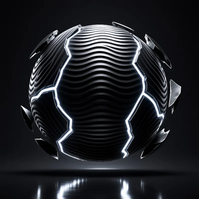 A polished metal sphere fractured open with bright glowing seams, floating above a dark reflective floor.