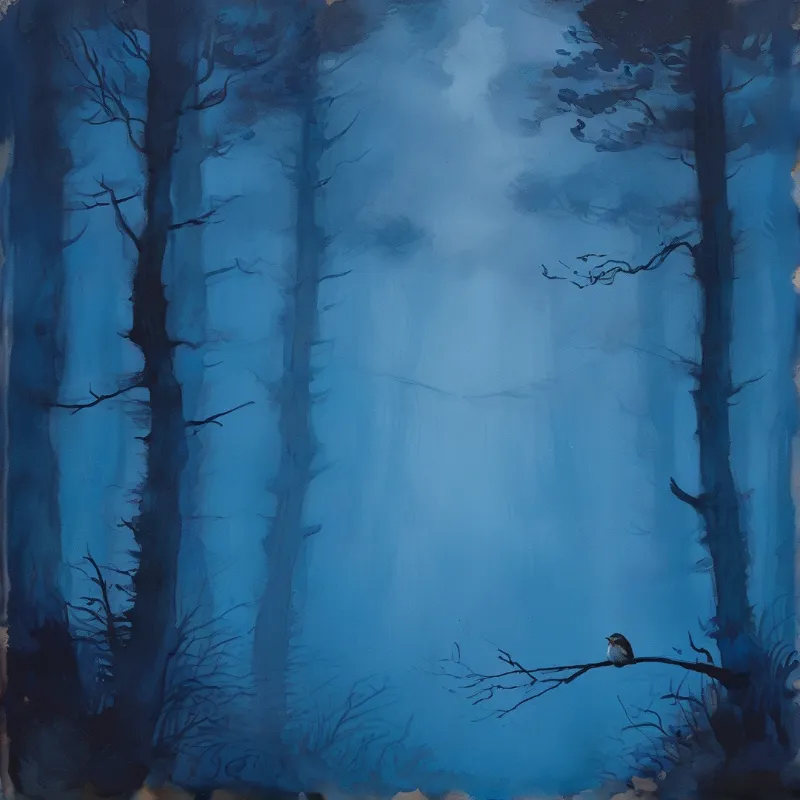 A small bird sits on a slender branch amidst tall dark trees in a misty blue forest.