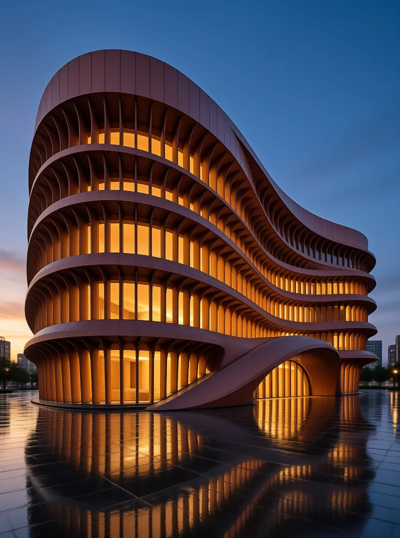 Curved building with horizontal slats glowing warm orange against a twilight sky reflected on wet pavement.