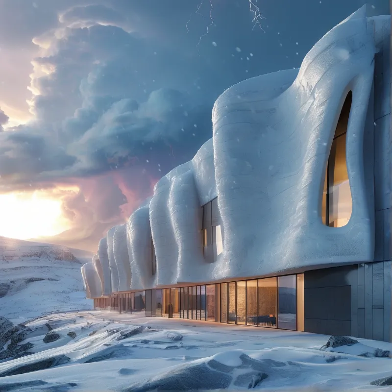 A snow covered facade with tall glass windows glows warmly against snowy tundra and dramatic sunset sky with lightning.