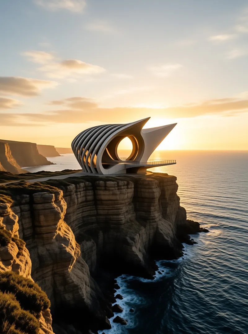 A striking white building with a circular window sits atop a rocky promontory overlooking the ocean during golden hour.