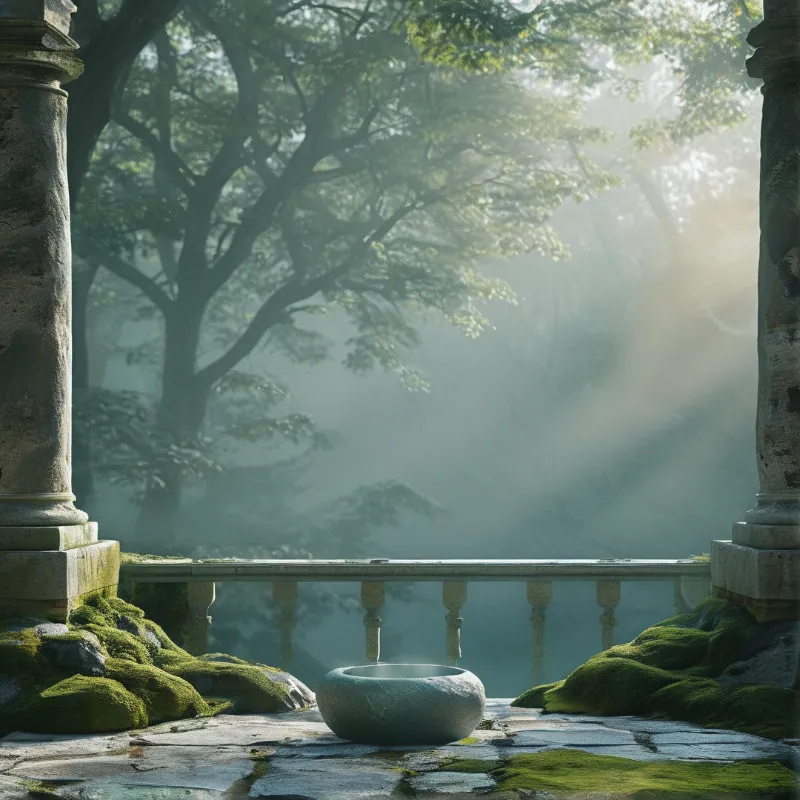 A weathered stone basin rests on a mossy floor overlooking a foggy forest with sunlight filtering through the trees.