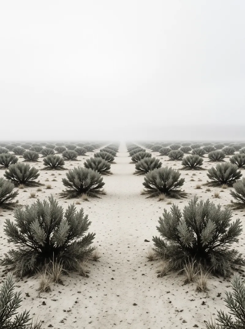 Rows of sagebrush plants arranged in parallel lines across a sandy desert floor that fades into a thick white fog.