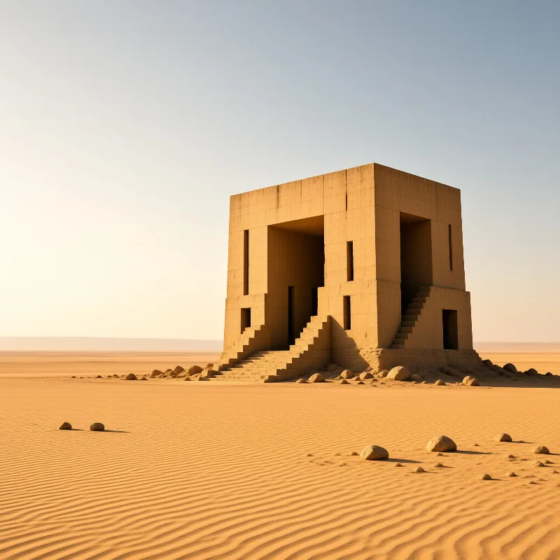 A massive blocky concrete building with large openings and stairs sits isolated on rippled dunes under a warm blue sky.