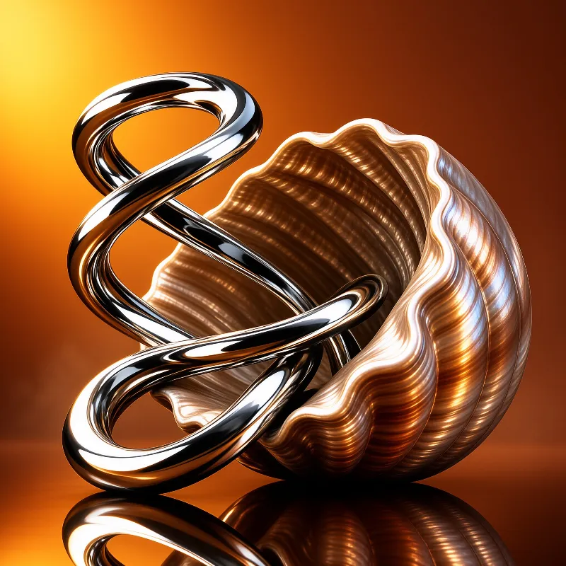 A twisted silver tube wraps around a textured golden shape against a warm orange gradient showing reflections.