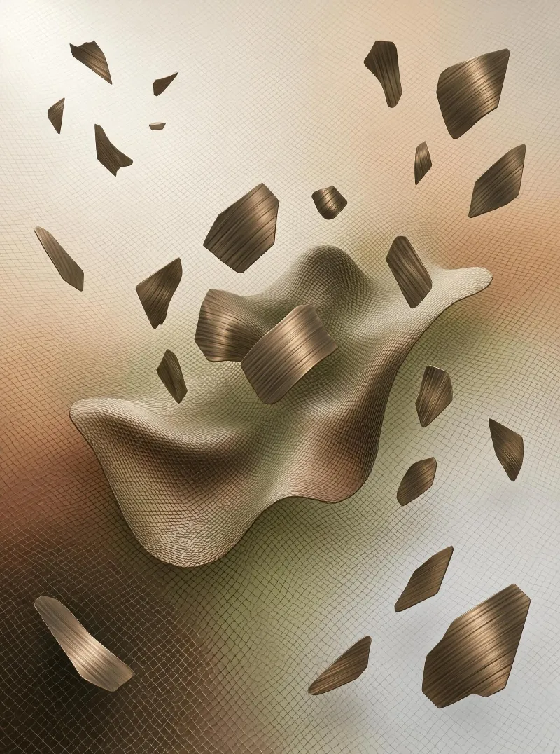 A wavy, mesh-like form with numerous fragmented bronze pieces floating around it, set against a gradient grid background that transitions from light to dark brown tones.