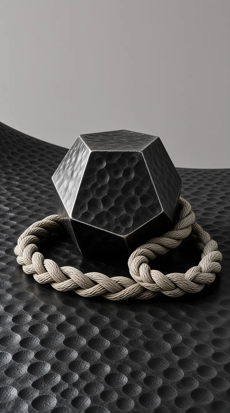 A dark hammered metal hexagon rests on a dimpled surface encircled by a beige braided rope in soft light.