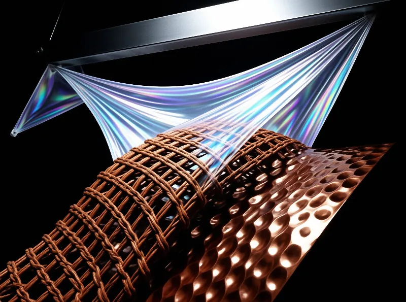 A textured brown woven cylinder crossed by a transparent, rainbow-hued sheet of material against a black background.