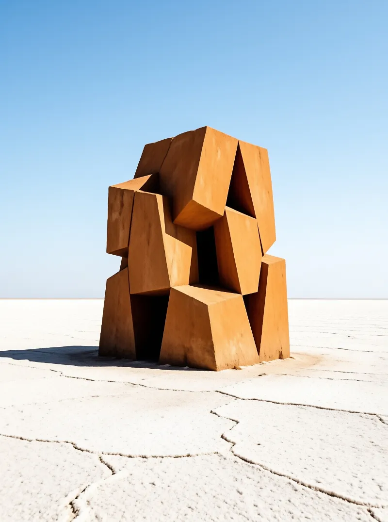 Stacked angular clay-colored volumes stand alone on parched white ground beneath a cloudless blue sky.