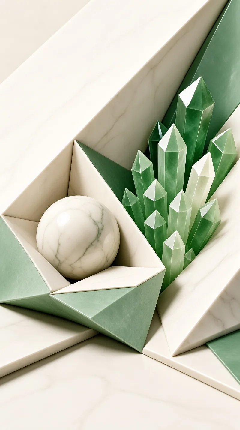 Green crystal spikes and a white marble sphere rest in angular white and green structures under soft light.