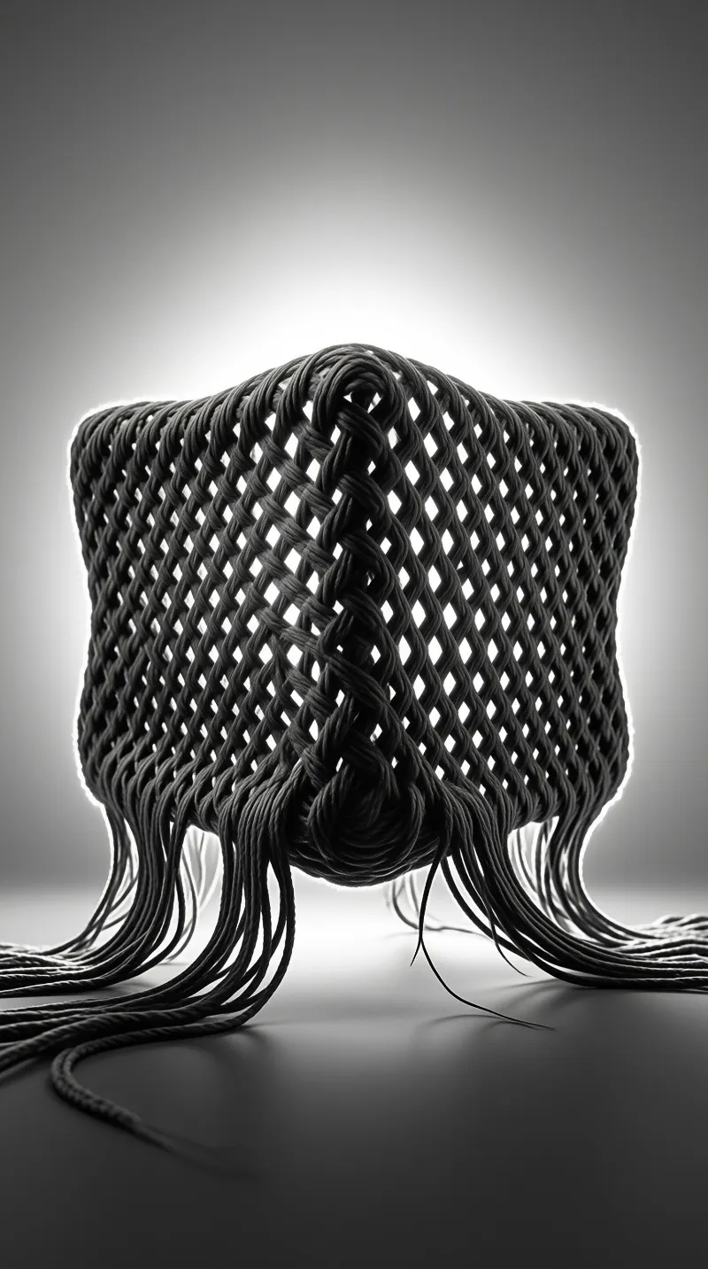 Black and white photograph of a woven rope structure with dangling strands, lit by a central spotlight in a studio setting.