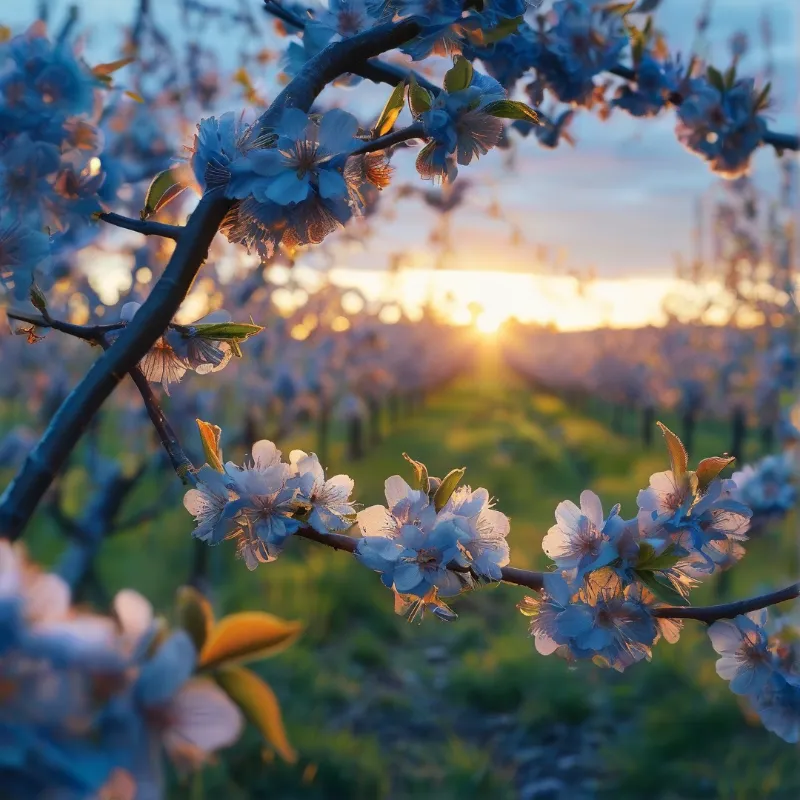 Pale blossoms on dark branches frame a bright sun low over rows of orchard trees.