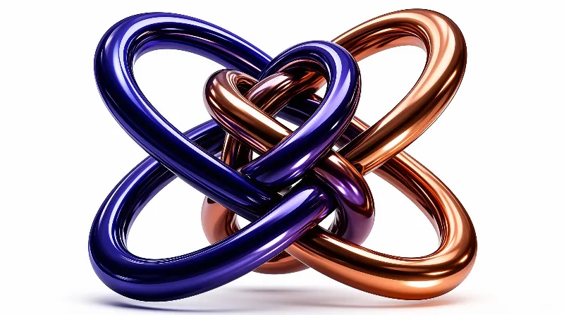 Two shiny metallic loops in blue and copper are twisted together against a white background.