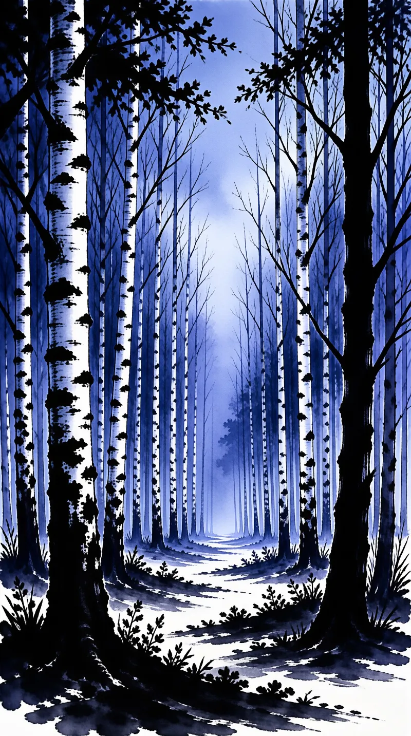 White trunks rise vertically around a curving track enveloped in cool cyan foggy atmosphere.