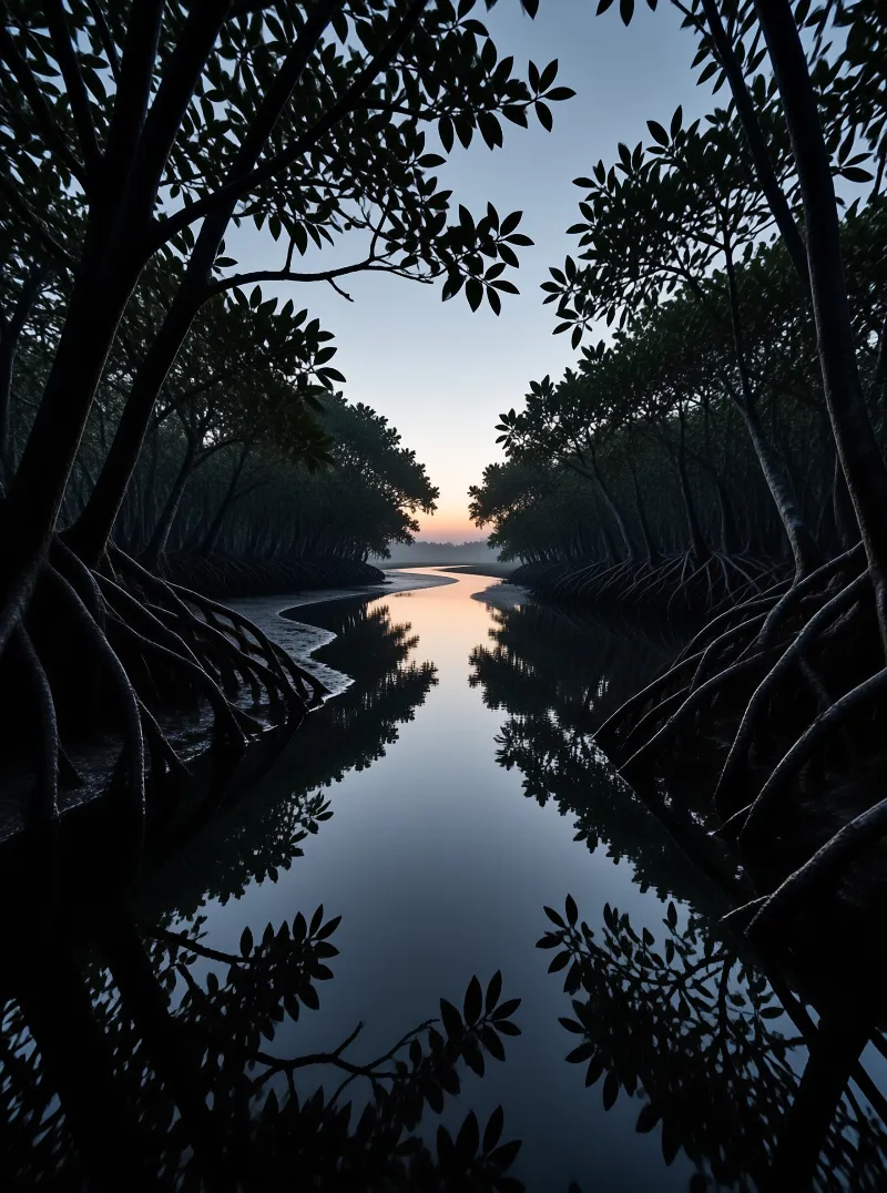 Silhouetted mangrove trees line a calm river channel reflecting the soft twilight sky.