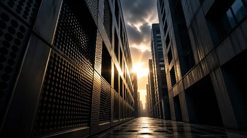 Towering dark walls punched with round holes funnel the view toward a blazing sun at the end of a wet plaza