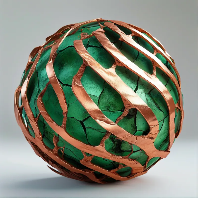 A cracked green sphere encased in a cage of twisted copper bands, resting against a plain gray backdrop with soft shadows