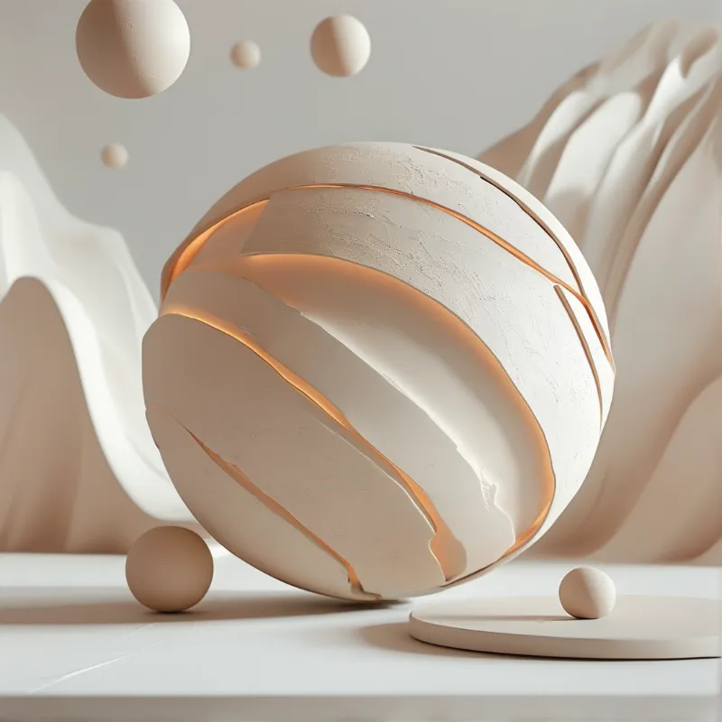 A textured white sphere with glowing orange fissures rests near smaller floating orbs