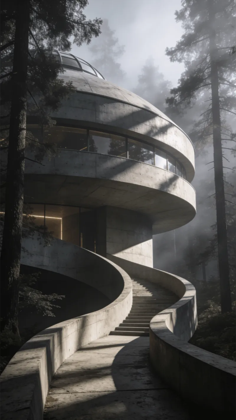 Observatory with Curved Concrete — Misty Forest