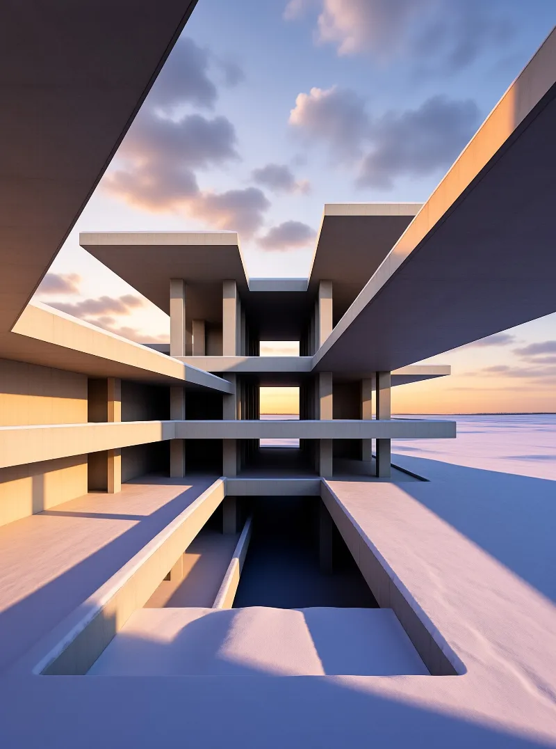 A minimalist architectural rendering of stacked platforms on a vast white salt flat, illuminated by warm golden hour light.