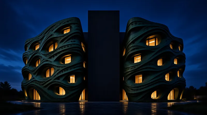 Two futuristic curved structures illuminated by warm interior lights against a deep blue evening sky.