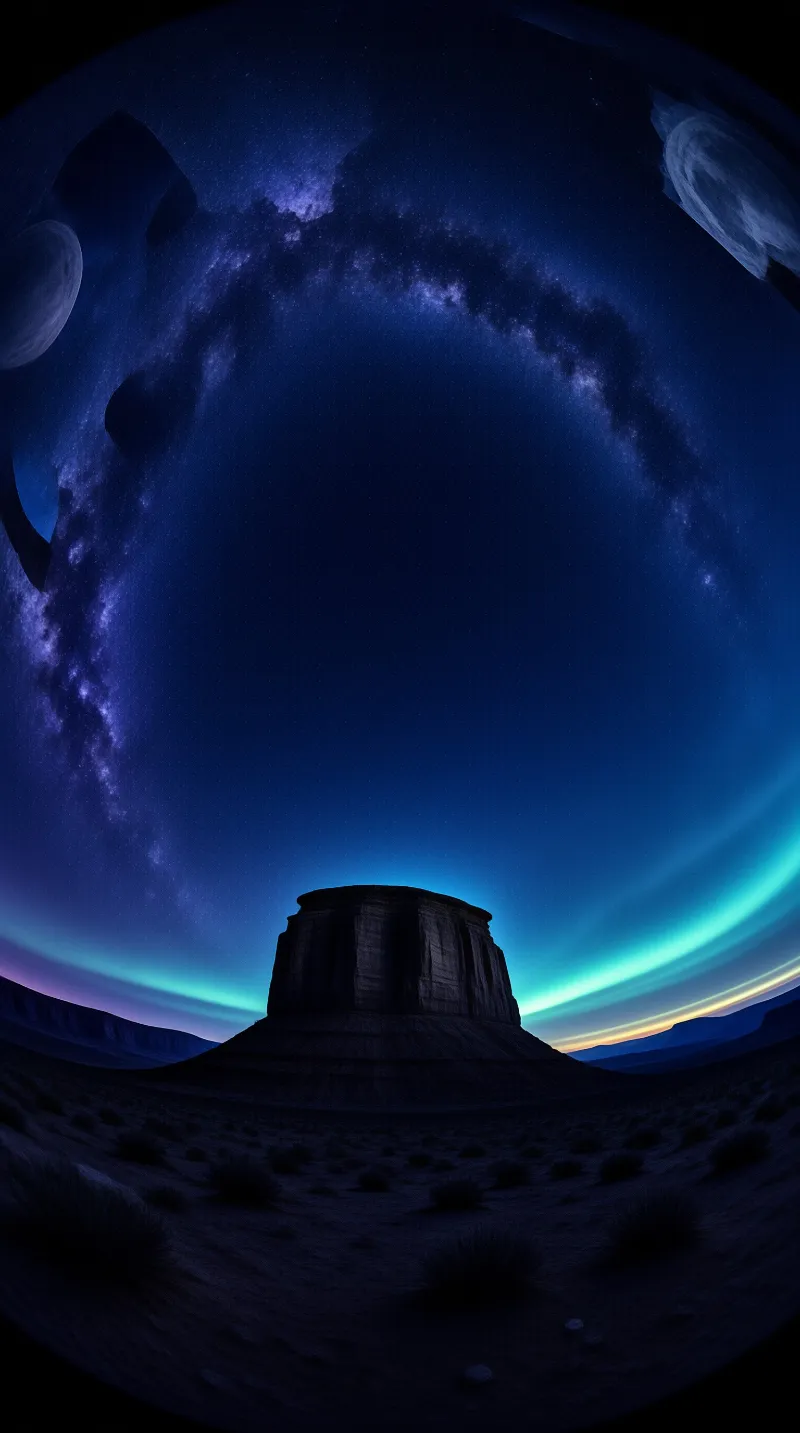 A dark butte stands silhouetted against a deep blue night sky filled with stars and green aurora bands near horizon.