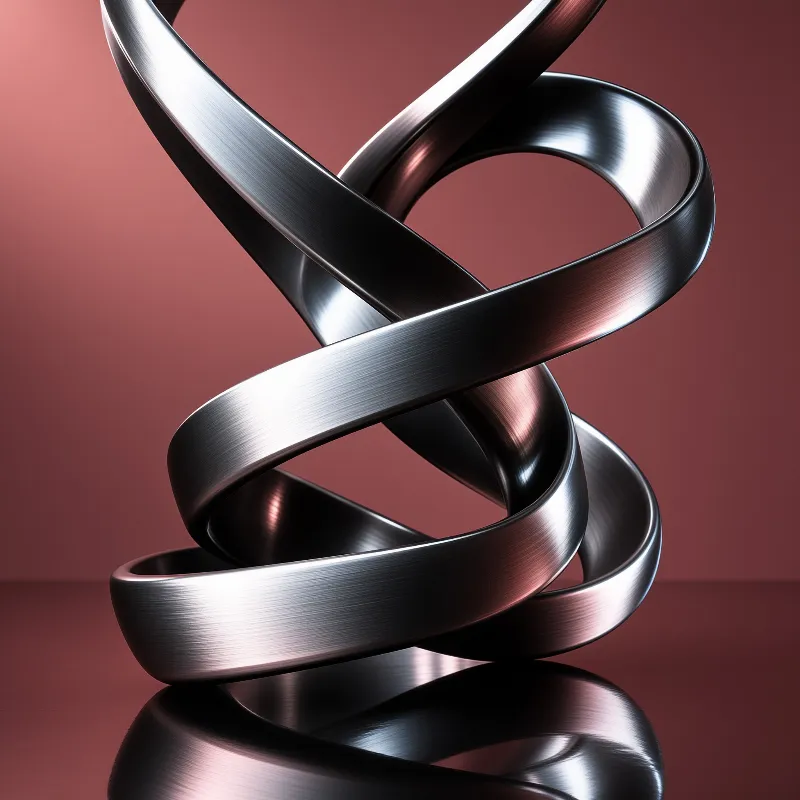 A twisted brushed metal sculpture stands on a reflective surface against a solid reddish brown background.