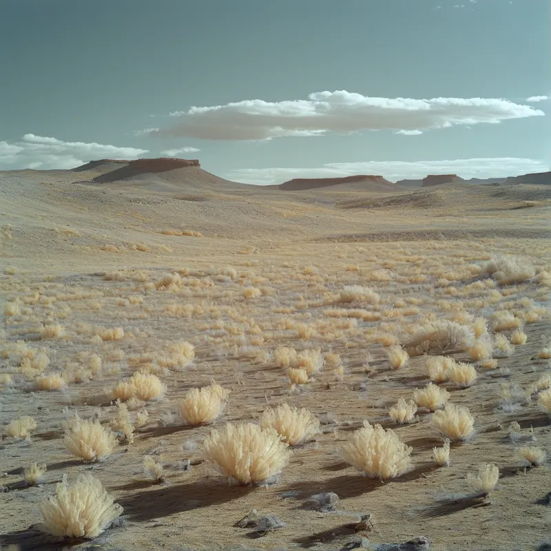 Pale fuzzy vegetation spreads across dry earth leading to distant flat-topped hills under a clouded sky