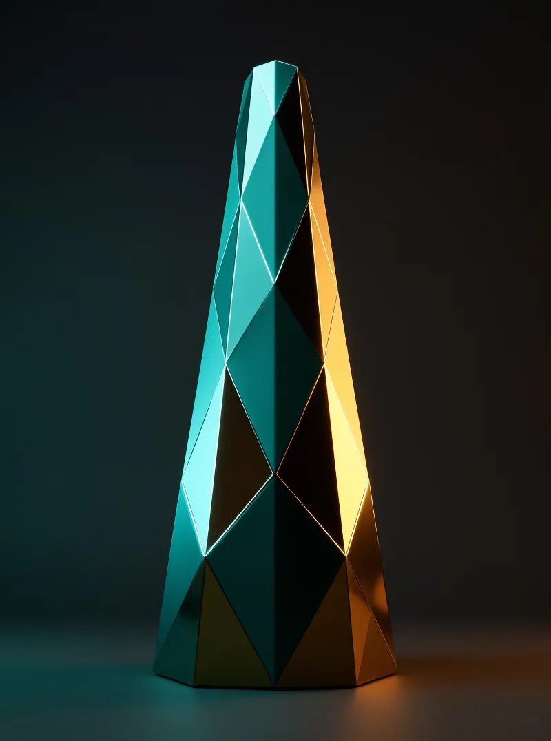 A tall faceted sculpture shows a sharp contrast between cool cyan light on the left and warm amber light on the right.