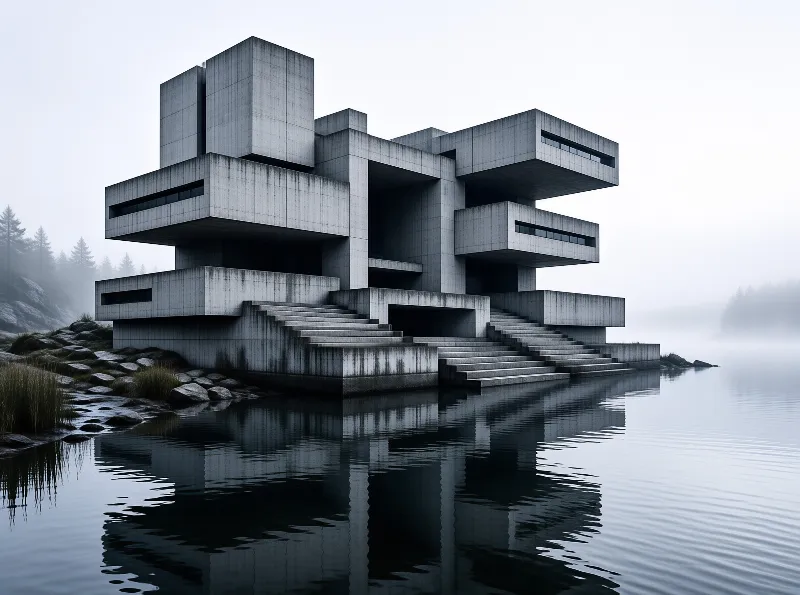 A monolithic concrete building stands on a foggy lakeshore with its sharp geometric forms mirrored in the calm water.