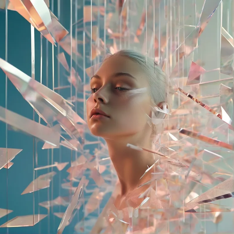A close up portrait of a young woman with platinum hair looking upward while standing behind a dense arrangement of hanging translucent shards that catch warm pink light against a cool blue background